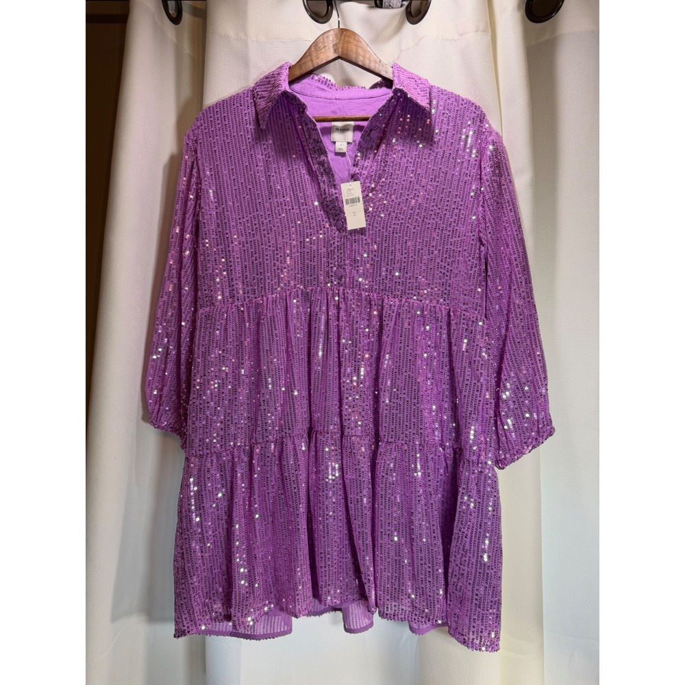 Maeve Anthropologie Pink Rose Sequin Tiered Mini Dress Small NWT Party Holiday